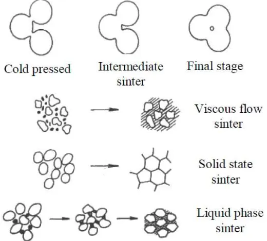 Gambar 2.13. Skema representasi tahap sintering dan jenis proses sinter (McClomand Clark, 1998) 