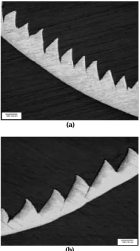 Gambar 6. Morfologi Geram Bersegmen (segmented  (b)  chip) yang terbentuk: (a) Geram yang dihasilkan  pada laju pemotongan 30 m/min dan pemakanan 0.3  mm, dan (b) Geram yang dihasilkan pada laju  pemotongan 60 m/min dan pemakanan 0.3 mm