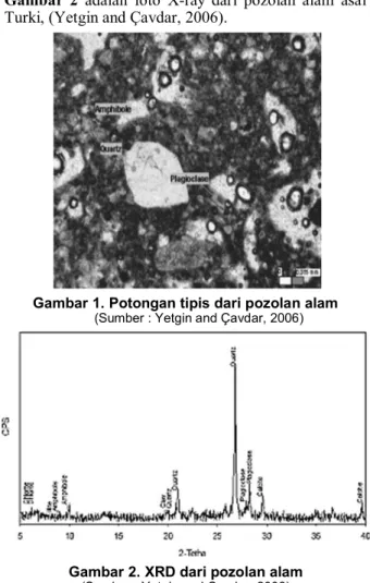 Gambar 1 adalah foto scanning electronic dari material  pozolan  alam  asal  Turki  yang  menunjukkan  struktur  mikro dan mimerologi dari material pozolan alam dan  Gambar  2  adalah  foto  X-ray  dari  pozolan  alam  asal  Turki, (Yetgin and Çavdar, 2006