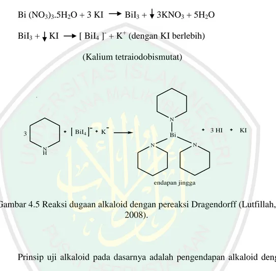 Gambar 4.5 Reaksi dugaan alkaloid dengan pereaksi Dragendorff (Lutfillah,  2008). 