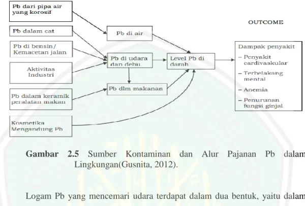 Gambar  2.5  Sumber  Kontaminan  dan  Alur  Pajanan  Pb  dalam  Lingkungan(Gusnita, 2012)