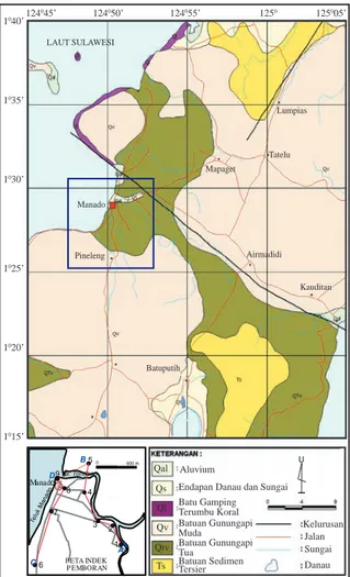 Gambar 2. Sebagian peta geologi Lembar Manado (Effendi  dan Bawono, 1977). 6732184950 600 mPETAINDEKPEMBORANManadoS