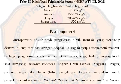 Tabel II. Klasifikasi Trigliserida Serum (NCEP ATP III, 2002) 