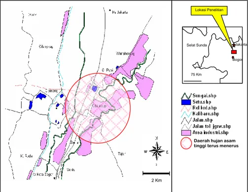 Gambar 3.  Hasil identifikasi daerah yang sering mengalami hujan asam tinggi dari hasil  overlay  peta  isopleth  pH  th  1999-2009  di  Wilayah  industri  Citeureup-  Bogor  Cibinong Kabupaten 