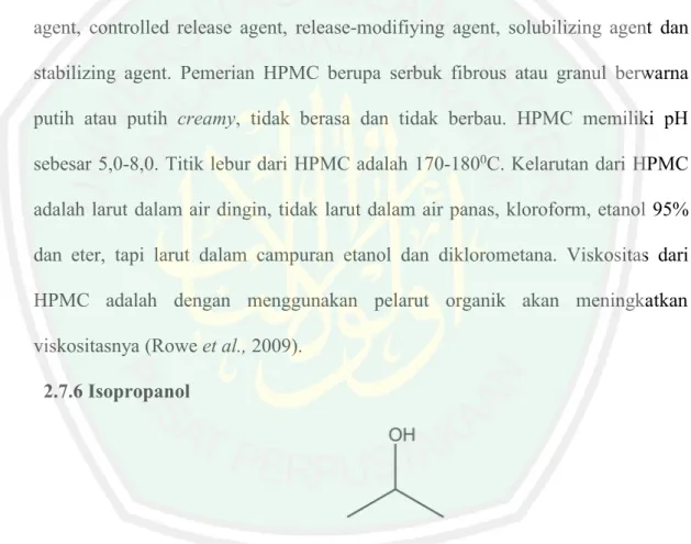 Gambar 2.7 Struktur Hydroxy Propyl Methyl Cellulose (Rowe et al., 2009) Hydroxipropil methyl cellulose berfungsi sebagai bioadhesive materil, coating agent, controlled release agent, release-modifiying agent, solubilizing agent dan stabilizing agent