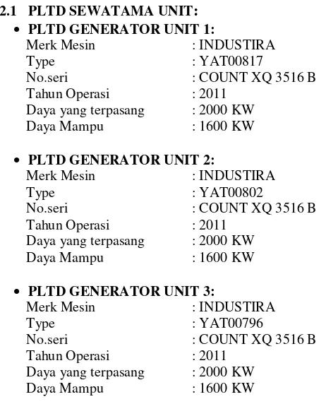 Tabel 3.1 Data Rating Pembangkit PLN Nusa Penida Bali 