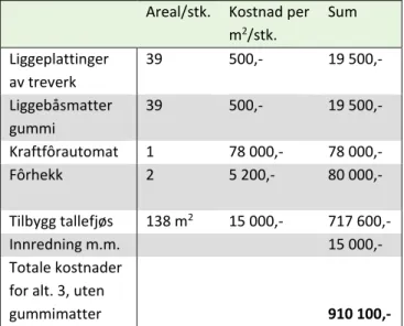 Tabell 1: Tabellen viser kostnadene for alternativ 3. 