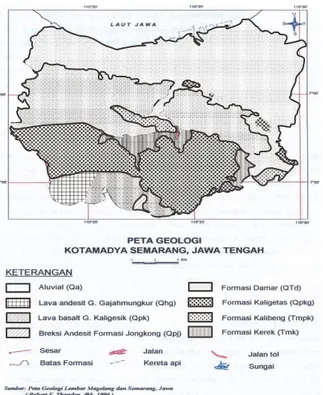Gambar 2.1.Peta geologi kota semarang  (Sumber: Robert K Thaden, dkk, 1996)  Aluvium (Qa) 