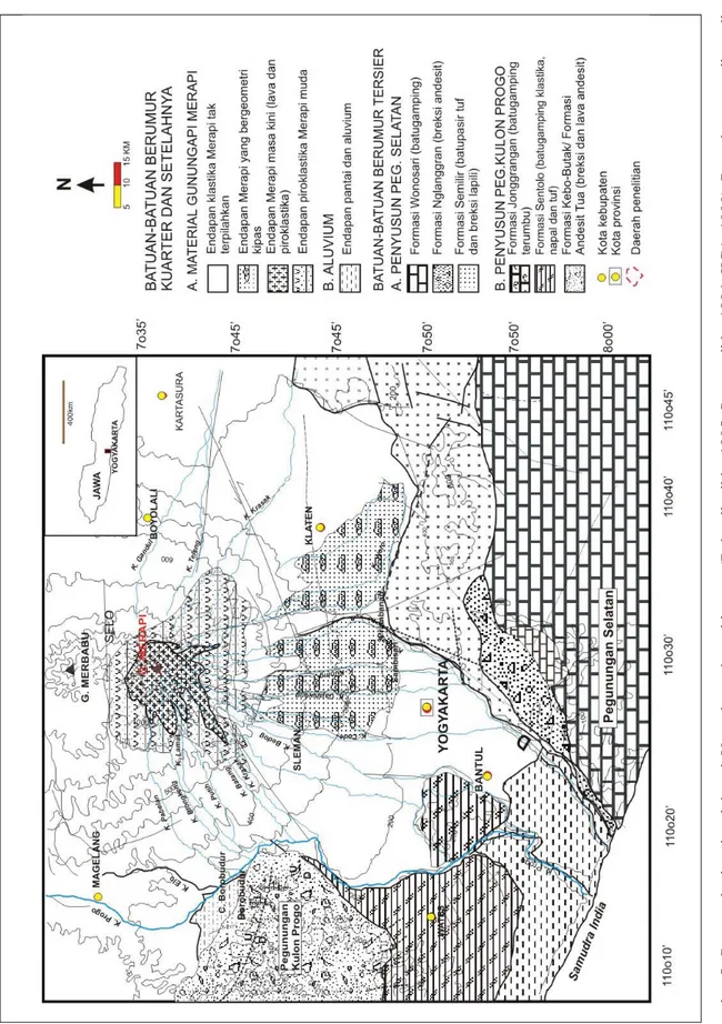 Gambar 5.  Peta geologi regional daerah Yogyakarta dan sekitarnya (Rahardjo dkk., 1995; Surono dkk., 1994; JICA, 1990)