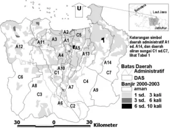 Gambar  1  dan  Tabel  1  menunjukkan  pola  persebaran  spasial  risiko  bajir  di  wilayah  penelitian