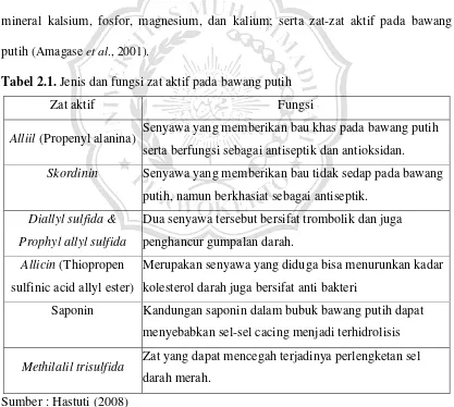Tabel 2.1. Jenis dan fungsi zat aktif pada bawang putih  