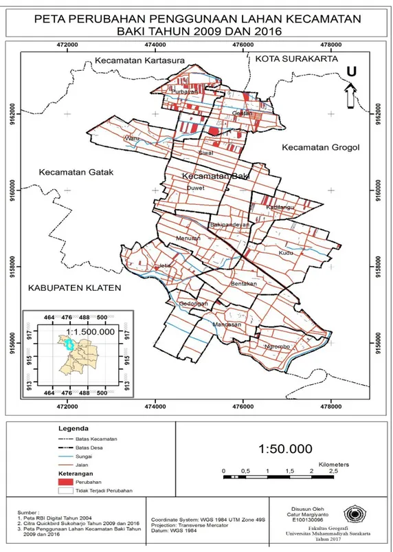 Gambar  2  Peta  Perubahan  Penggunaan  Lahan  Kecamatan  Baki  Tahun  2009  dan  2016 