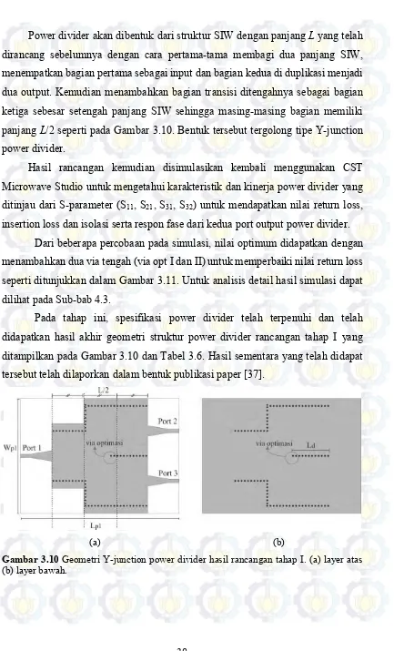 Gambar 3.10 Geometri Y-junction power divider hasil rancangan tahap I. (a) layer atas 