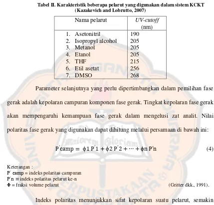 Tabel II. Karakteristik beberapa pelarut yang digunakan dalam sistem KCKT (Kazakevich and Lobrutto, 2007) 