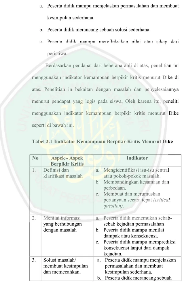 Tabel 2.1 Indikator Kemampuan Berpikir Kritis Menurut Dike