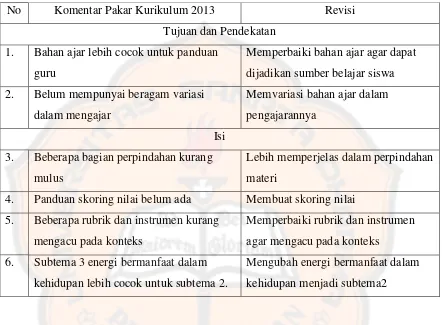 Tabel 4.1 Komentar Pakar Kurikulum 2013 dan Revisi 