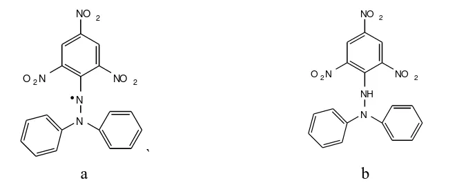Gambar 2.10. Struktur kimia dari DPPH (radikal bebas) (a) dan DPPH tereduksi (b)  Ketika larutan DPPH dicampur dengan bahan yang dapat memberikan sebuah 