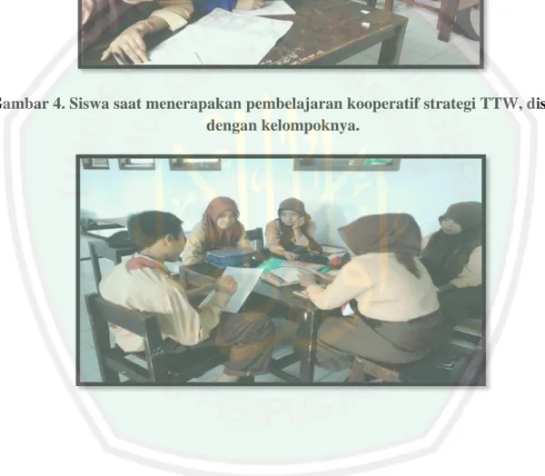 Gambar 4. Siswa saat menerapakan pembelajaran kooperatif strategi TTW, diskusi  dengan kelompoknya