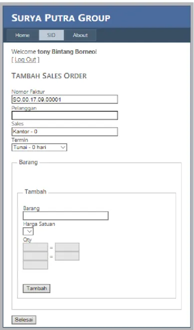 Gambar 7. Hasil rancangan antarmuka “Tambah Sales Order”. 