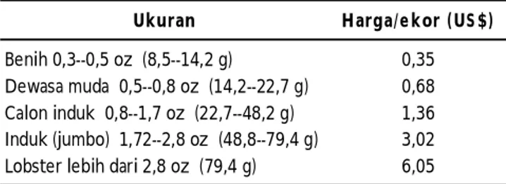 Tabel 2. Harga  jual  Cherax  quadricarinatus (red claw ) di Tofano Fishery Bogor tahun 2007 Ukuran lobste r (inci) Umur  (bulan) H arga/ ekor (R p) 1 2 2,500 1,5 2,5 3,000 2 3 4,000 3 4 6,000