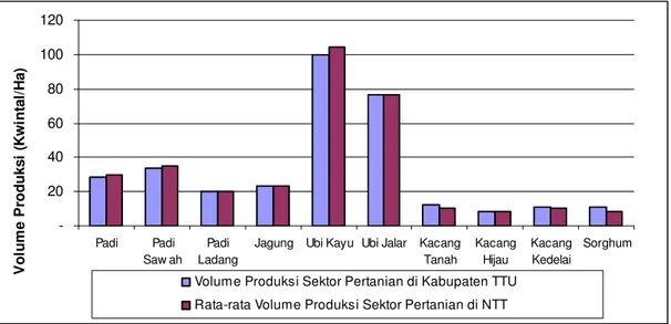 Gambar  6  menunjukkan  tingkat  produktivitas  beberapa  komoditas  tanaman  pangan  di  Kabupaten TTU dibandingkan dengan rata-rata di NTT