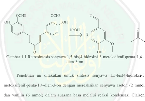 Gambar  1.1  menunjukkan  retrosintesis  senyawa  1,5-bis(4-hidroksi-3- 1,5-bis(4-hidroksi-3-metoksifenil)penta-1,4-dien-3-on dari vanilin dan aseton menggunakan katalis basa