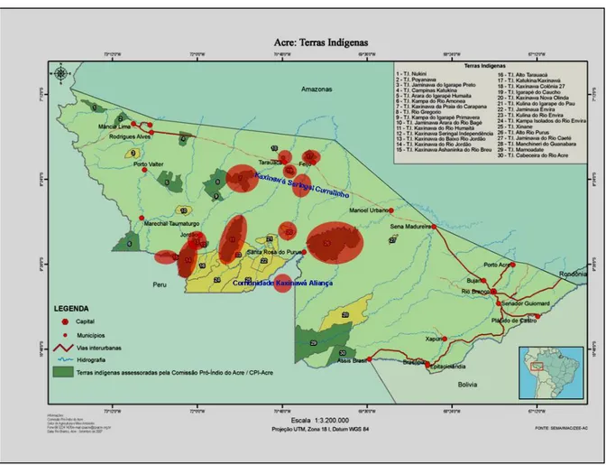 Figura 1 – Localização das Terras Huni kuĩ do estado do Acre (balões vermelhos), extraído do Atlas  Geográfico do Acre, CPI/ACRE, 1995