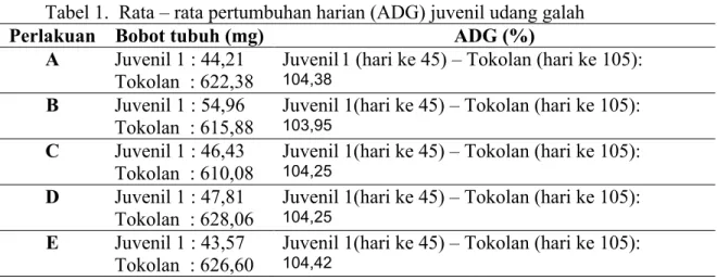 Tabel 1.  Rata – rata pertumbuhan harian (ADG) juvenil udang galah 