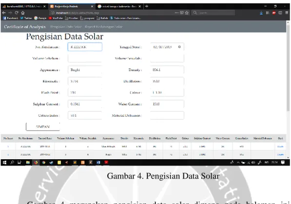 Gambar  4  merupakan  pengisian  data  solar  dimana  pada  halaman  ini  menjelaskan  pengisian  data  spesifikasi  solar  dan  menampilkan  data  tersebut  dalam bentuk  tabel