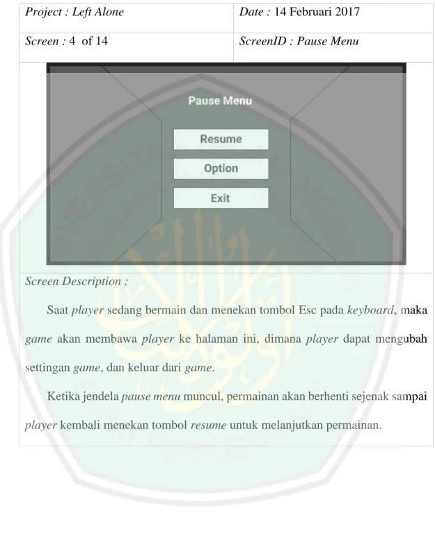 Tabel 3. 4 Tampilan Pause Menu 