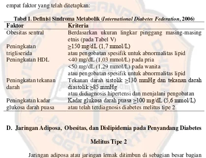 Tabel I. Definisi Sindroma Metabolik (International Diabetes Federation, 2006) 