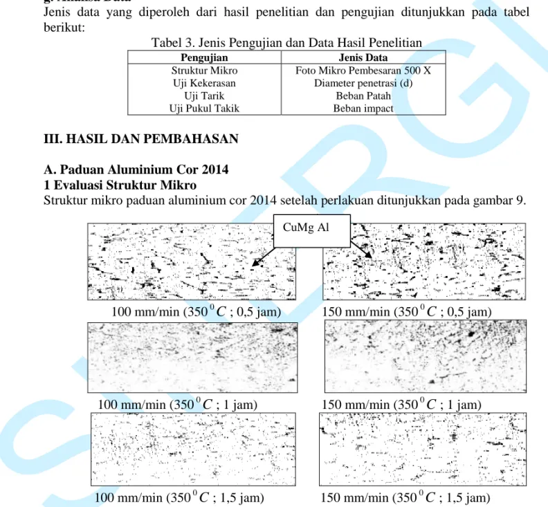 Tabel 3. Jenis Pengujian dan Data Hasil Penelitian 