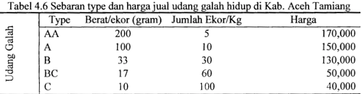 Tabel 4.6 Sebaran type dan harga jual udang galah hid up di Kab. Aceh Tamiang  Type  Berat/ekor (gram)  Jumlah Ekor!Kg  Harga 