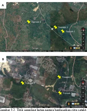 Gambar 3.2. Titik sampling hutan negara berdasarkan citra satelit. A) Kecamatan Panceng dan B) Kecamatan Kebomas Google Earth, 2017).(Sumber:  
