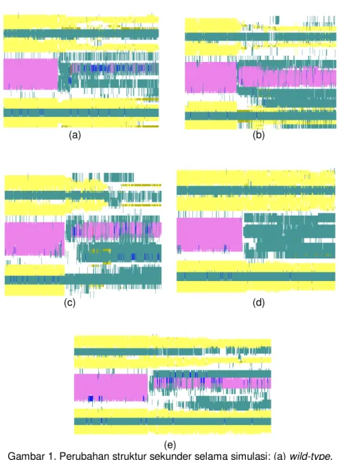 Gambar 1. Perubahan struktur sekunder selama simulasi; (a) wild-type,  (e)  (b) mutan 1, (C) mutan 2, (d) mutan 3, (e) mutan 4