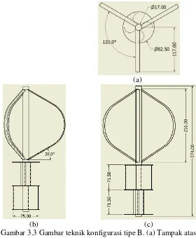Gambar 3.3 Gambar teknik konfigurasi tipe B. (a) Tampak atas. 