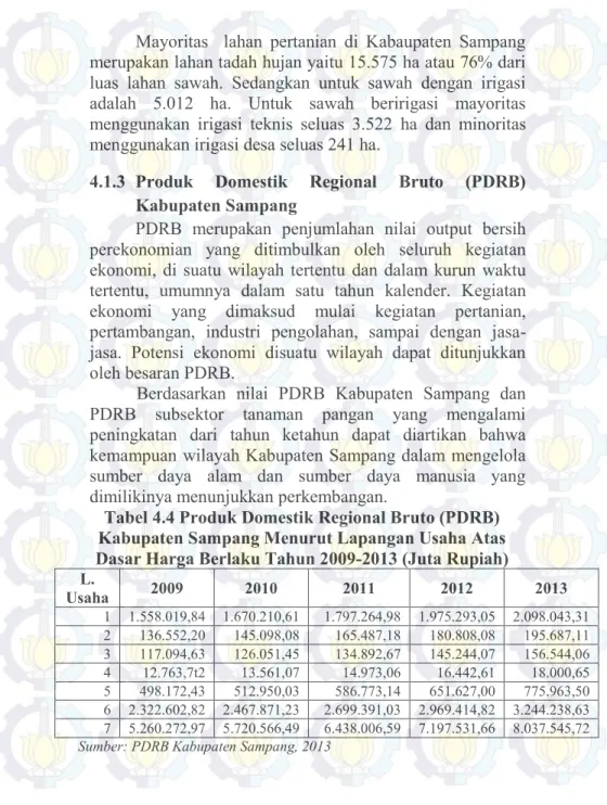 Tabel 4.4 Produk Domestik Regional Bruto (PDRB)  Kabupaten Sampang Menurut Lapangan Usaha Atas  Dasar Harga Berlaku Tahun 2009-2013 (Juta Rupiah)  L