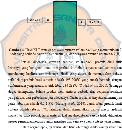 Gambar 4. Hasil KLT sintesis senyawa turunan arilamida-5 yang menunjukkan 2 