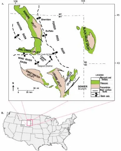 Gambar 2.3. (A) Peta indeks menunjukkan lokasi dari cekungan dan uplift di  Timur Wyoming, dan lokasi dari Teapot Dome terhadap  cekungan Powder River