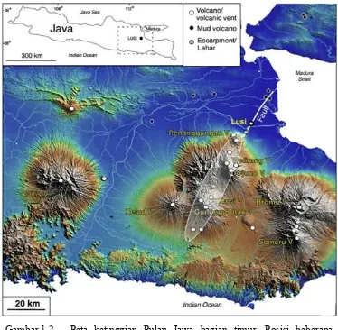 Gambar 1.2 Peta ketinggian Pulau Jawa bagian timur. Posisi beberapa 