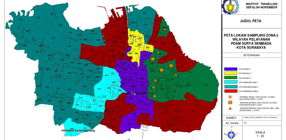 Gambar 3.2 Peta Lokasi Sampling Zona 2 Wilayah Pelayanan PDAM Surya Sembada Kota Surabaya 