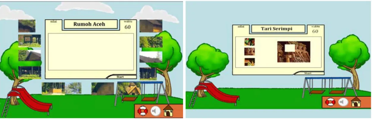 Gambar 8. Tampilan layar permainan puzzle (kiri) dan permainan gambar hilang (kanan). 