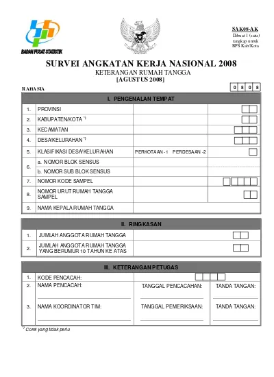 SURVEI ANGKATAN KERJA NASIONAL 2008 - KETERANGAN RUMAH TANGGA [AGUSTUS ...