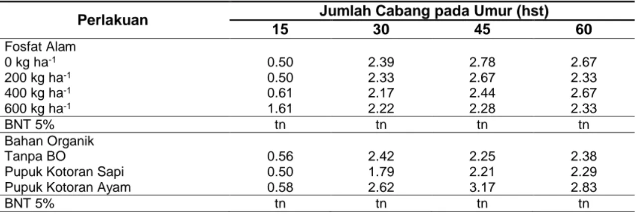 Tabel  2  Jumlah  Cabang  Tanaman  Kedelai  (Glycine  max  (L.)  Merill)  akibat    Perlakuan  Dosis  Pupuk Fosfat Alam dan Aplikasi Bahan Organik pada berbagai Umur Pengamatan 