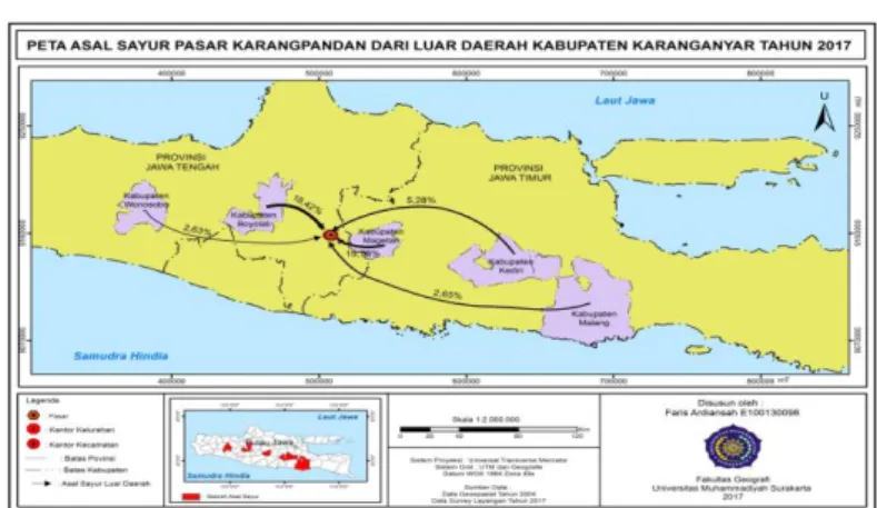 Gambar 4. Peta Asal Sayur Pasar Karangpandan Dari Luar Daerah Kabupaten  Karanganyar. 