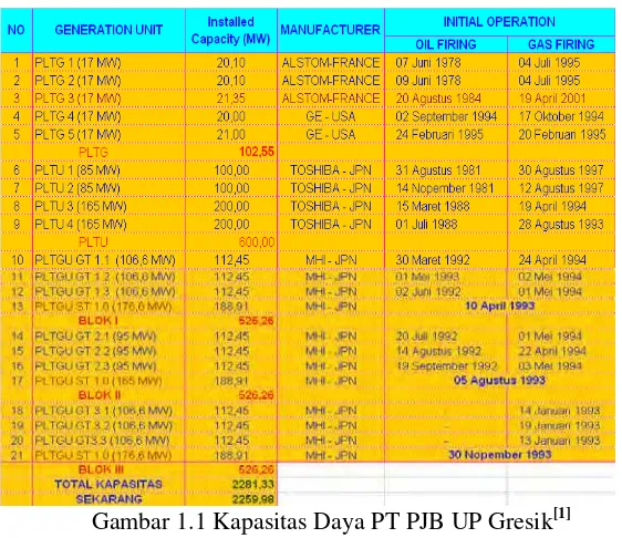 Gambar 1.1 Kapasitas Daya PT PJB UP Gresik[1] 