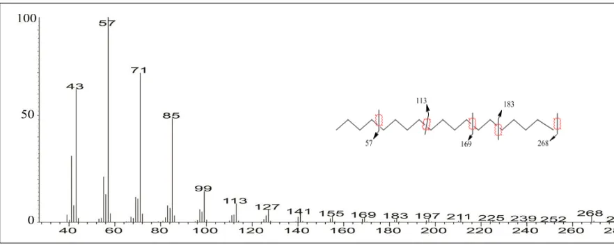 Gambar 4.5. Spektrum massa puncak C19 fraksi hidrokarbon alifatik minyak 