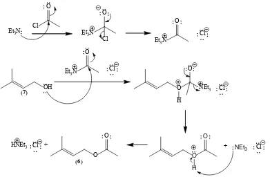 Gambar 4. 10 Mekanisme reaksi pembentukan 3-metil-2-buten-1-il asetat (6) dengan basa trietilamina