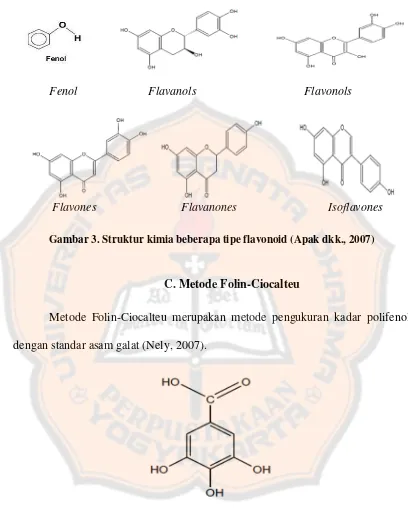 Gambar 3. Struktur kimia beberapa tipe flavonoid (Apak dkk., 2007) 