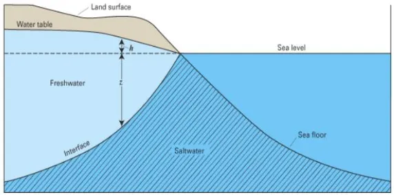 Gambar 2.4 Ilustrasi hubungan antara air tawar dengan air asin di daerah pesisir (Barlow, 2016) 